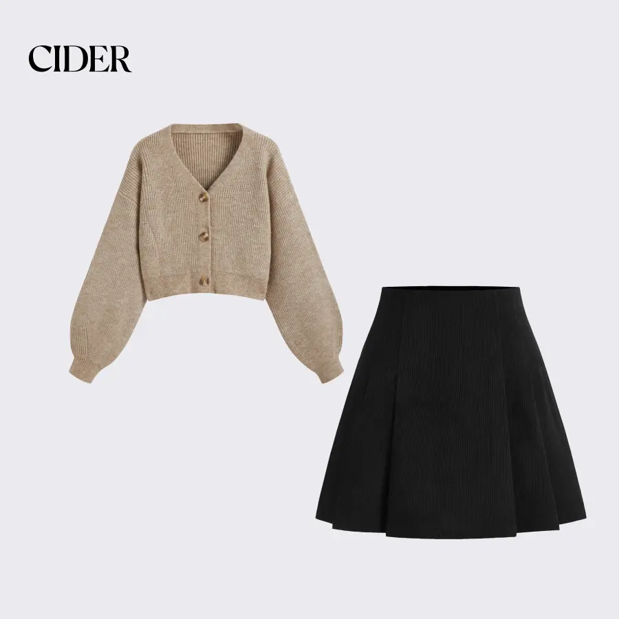 Cider [size 2-10] Knit V-neck Solid Button Crop Cardigan & Corduroy Mid Rise Pleated Mini Skirt SohoChic