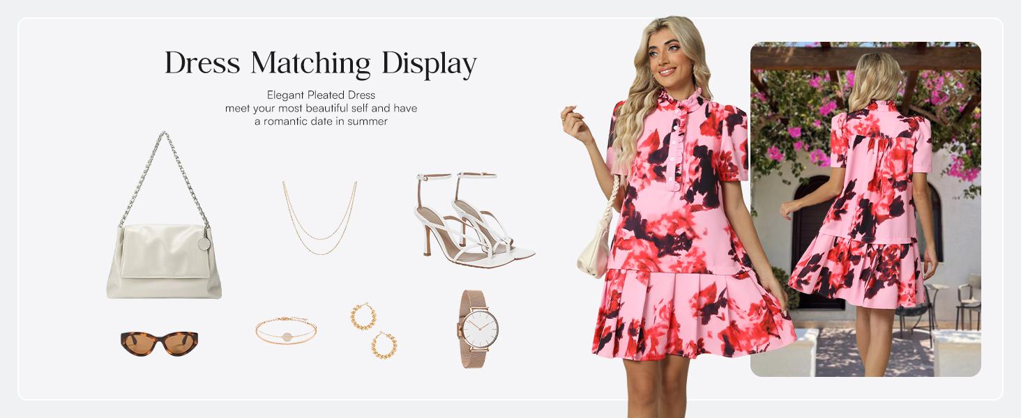 Women Floral Mini Dress Short Sleeve Stand Collar Button Up Elegant Work Swing Short Pleated Dress