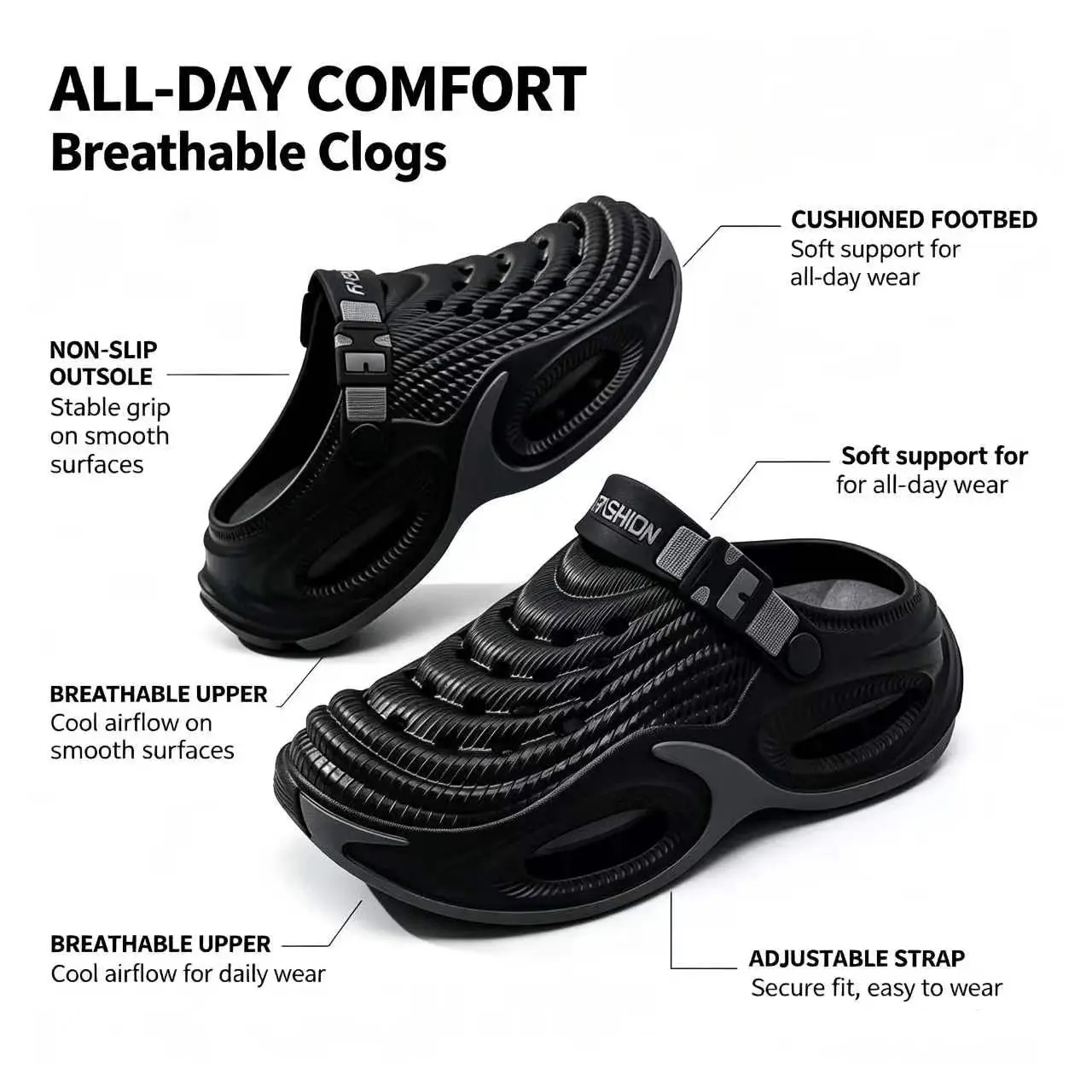 Unisex Preppy Minimalist Chic Sweet Cloud Slippers - Waterproof EVA Platform Walking Shoes with Air Cushion, Adjustable Heel Strap, Round Toe, Modest Ankle Design, Beach-Gym-Party Ready Rubber Footwear