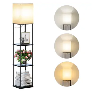 Floor Lamp with Shelves, Modern Square Standing Lamp with 3 Color Temperature Bulb, Corner Display Bookshelf Lamp for Living Room and Bedroom(Black)