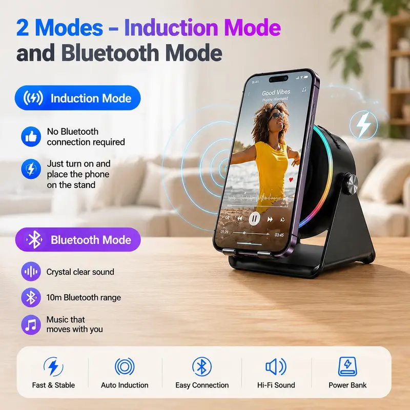 Dohelly 5-in-1 Wireless Induction Sensor Stereo Speaker System - 360° Rotatable Stand with LED, Sound Machine, Universal Charger for Smartphones, Audios, Surround Sound, Portable Home & Travel Gadget
