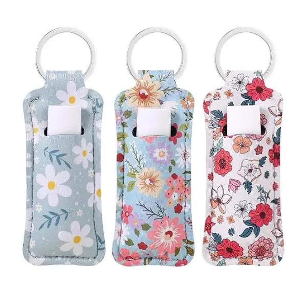 3 Lipstick, Chapstick Holder Keychain Cute Lip Balm Keychain Holder with Clip, lip balm organizer Set Floral