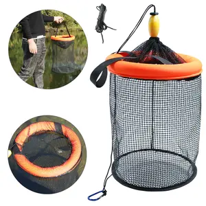 Portable Floating Fishing Basket for Bait Shrimp Minnow Live Well Coated Nylon Net Mesh Collapsible Storage Cage Rubber Kayak Fish Net Live Bait Bucket