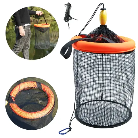Drasry Portable Floating Live Well Bait Basket - Coated Nylon Mesh, Collapsible Cage, Rubber Kayak Storage, Tackle Organizer, Angling Supplies for Shrimp/Minnow Hold, Fly Fishing, Saltwater Spinning