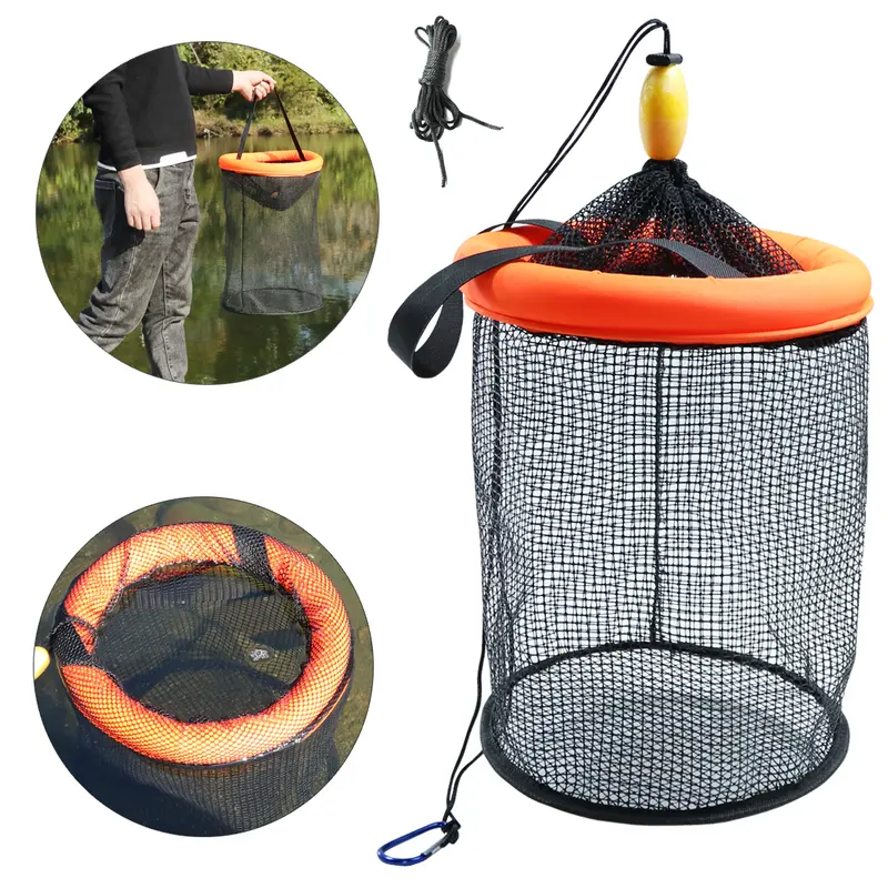 Drasry Portable Floating Live Well Bait Basket - Coated Nylon Mesh, Collapsible Cage, Rubber Kayak Storage, Tackle Organizer, Angling Supplies for Shrimp/Minnow Hold, Fly Fishing, Saltwater Spinning