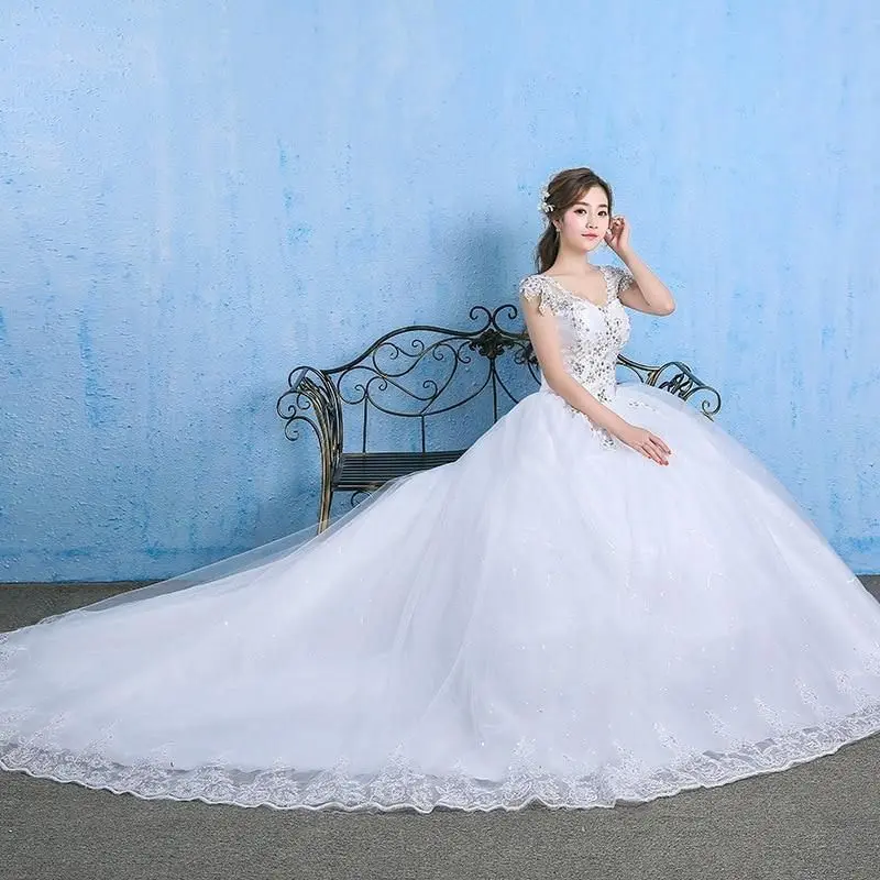 Elegant Women's A-Line Lace Wedding Gown with Appliques, V-Neck Crop Top Bodice, Cap Sleeves and Cathedral Train, Gowns