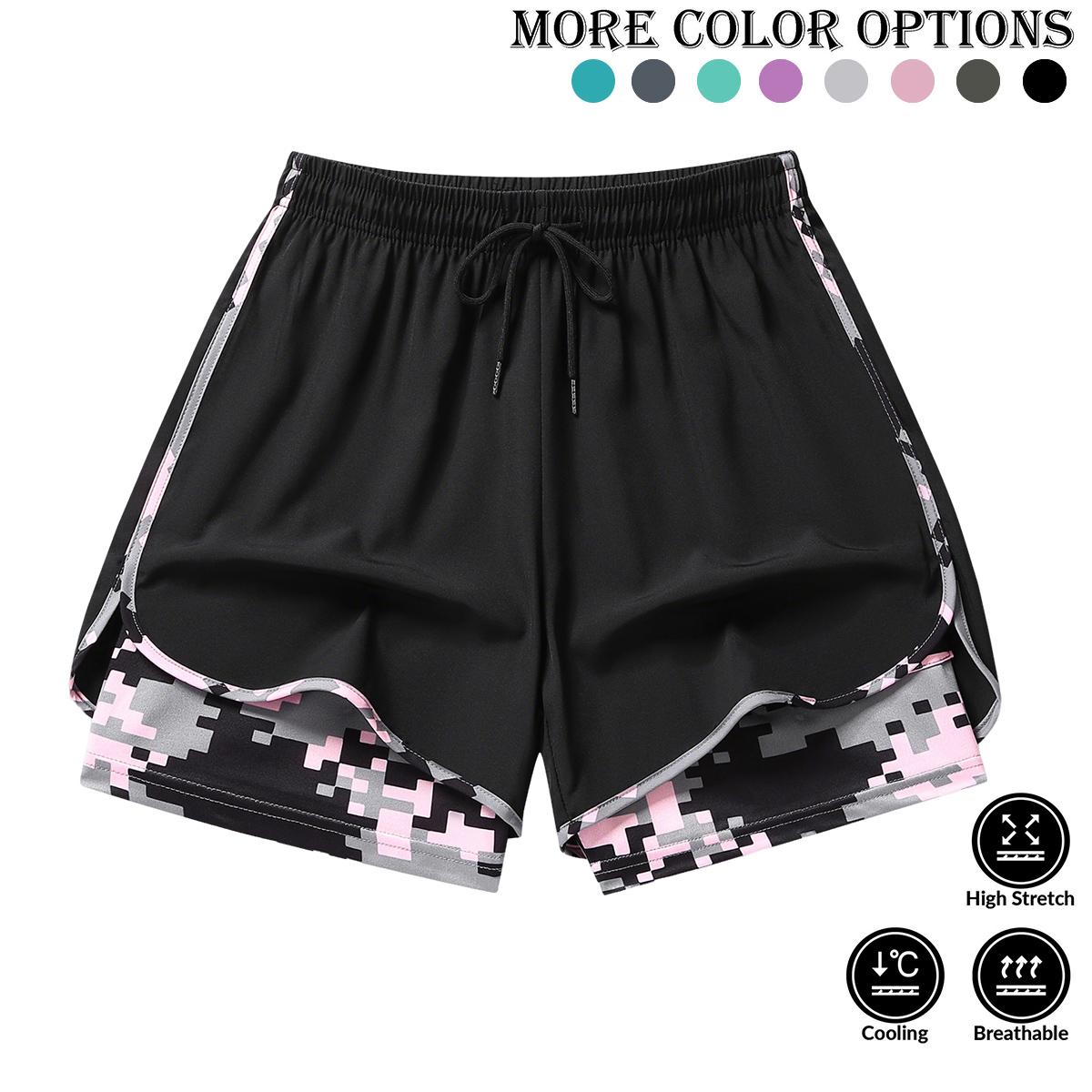 Women’s summer casual athletic shorts featuring a two-piece layered design with camouflage print, suitable for running and everyday workouts