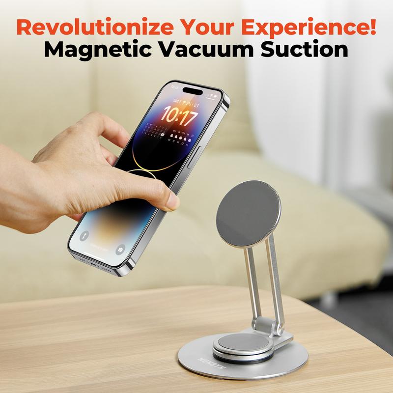 MUNBYN 360-Degree Rotating Magnetic Phone Stand ,Adjustable Foldable Aluminum Phone Holder,Universal Phone Accessory for Home Office, Silver Edition