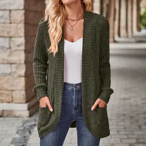 Women's Comfortable Knit Cardigan Open Front Long Sleeve Sweater with Pockets Springfresh