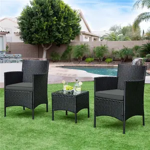 Costoffs 3-Piece Rattan Furniture Set, Outdoor Wicker Patio Conversation Furniture Set, 2-Piece Woven Rattan Chairs with Cushions & 1 Side Table for Bistro/Porch/Garden/Deck/Courtyard