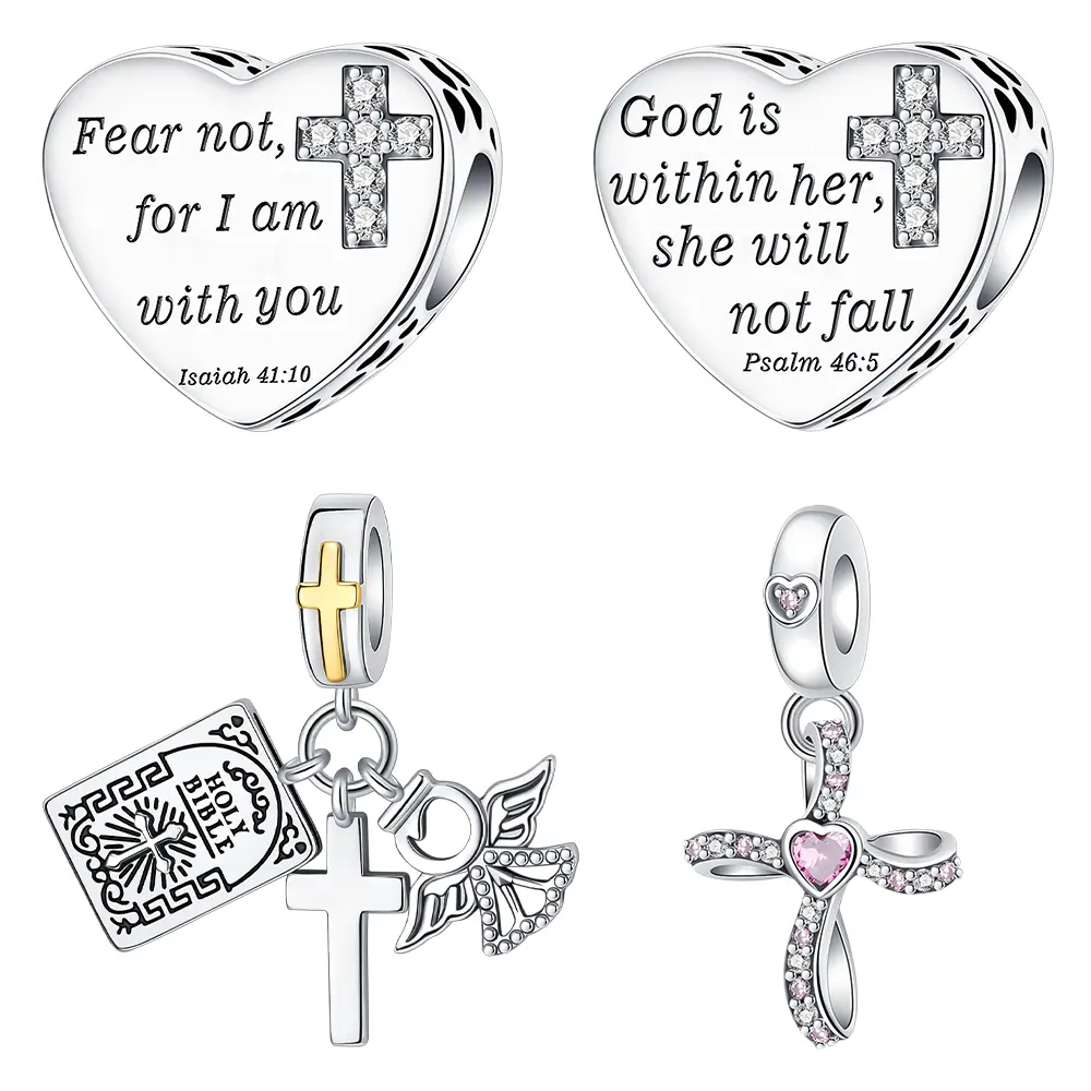 Faith & Bible Verse Silver Charm Bead, Cross & Angel, Scripture Engraved for Spiritual Jewelry, Suitable for Bracelets and Necklaces, Jewelry Gift for Women – Easter/Mother’s Day/Religious Gifts