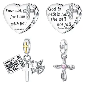 Faith & Bible Verse Silver Charm Bead, Cross & Angel, Scripture Engraved for Spiritual Jewelry, Suitable for Bracelets and Necklaces, Jewelry Gift for Women – Easter/Mother’s Day/Religious Gifts