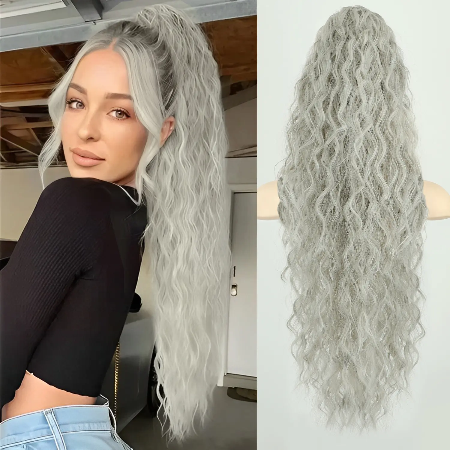 Iridescent Ponytail Extension Claw 30" Curly Pony Tail Clip in Claw Hair Extensions Fluffy Natural Looking Synthetic Hairpiece for Women