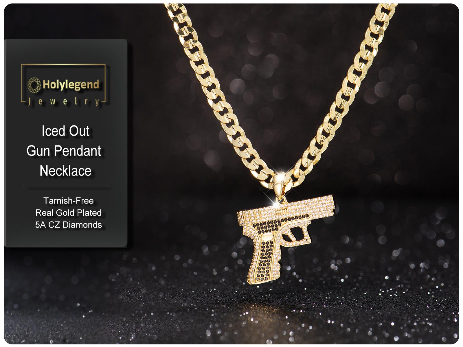 Holylegend 14K Real Gold-Plated Gun Pendant Necklace with AAAA CZ Diamonds, Streetwear Cuban and Rope Chain Jewelry, Bling Accessories Gift for Him, Men's Iced Out Hip Hop Chain,High End Necklace,Necklaces Men