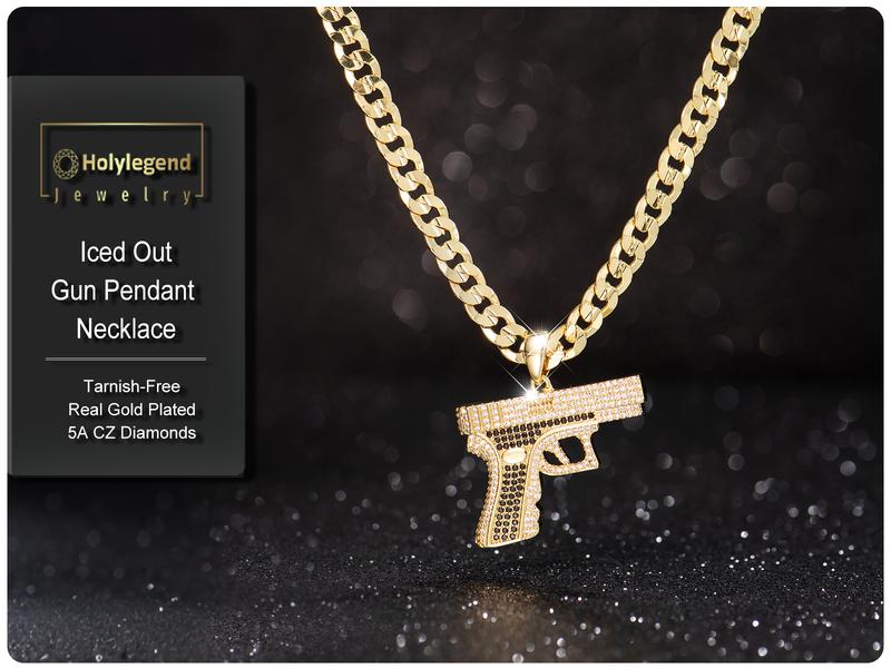 Holylegend 14K Real Gold-Plated Gun Pendant Necklace with AAAA CZ Diamonds, Streetwear Cuban and Rope Chain Jewelry, Bling Accessories Gift for Him, Men's Iced Out Hip Hop Chain,High End Necklace,Necklaces Men