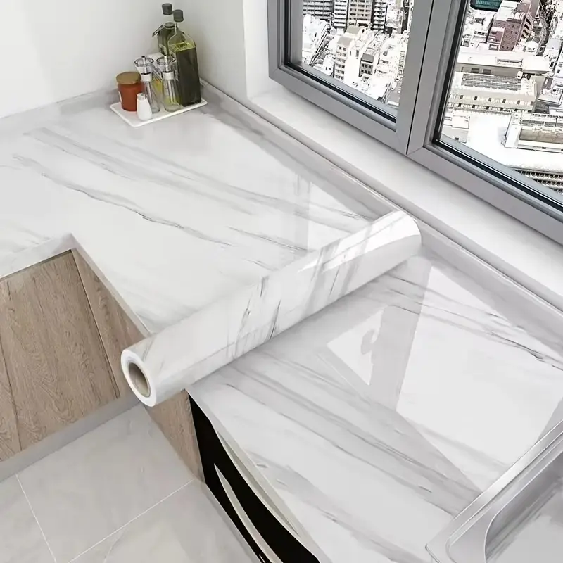 White Marble Vinyl Self-Adhesive Kitchen Wallpaper Roll (23.62x393.70in) - Oil-Resistant, Heat-Resistant, Waterproof, Renter-Friendly Fantasy Home Decor for Cabinets, Bathroom, Easy Installation, Room Renovations
