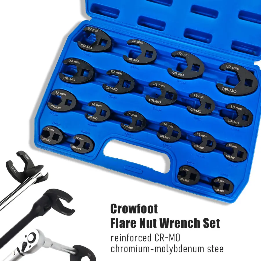 [19pcs Crowfoot Flare Nut Wrench] 19pcs Crowfoot Flare Nut Wrench Set - Steel Construction, Open End Head Style, Metric 8-32mm for 3/8 & 1/2 Inch Drive Ratchets