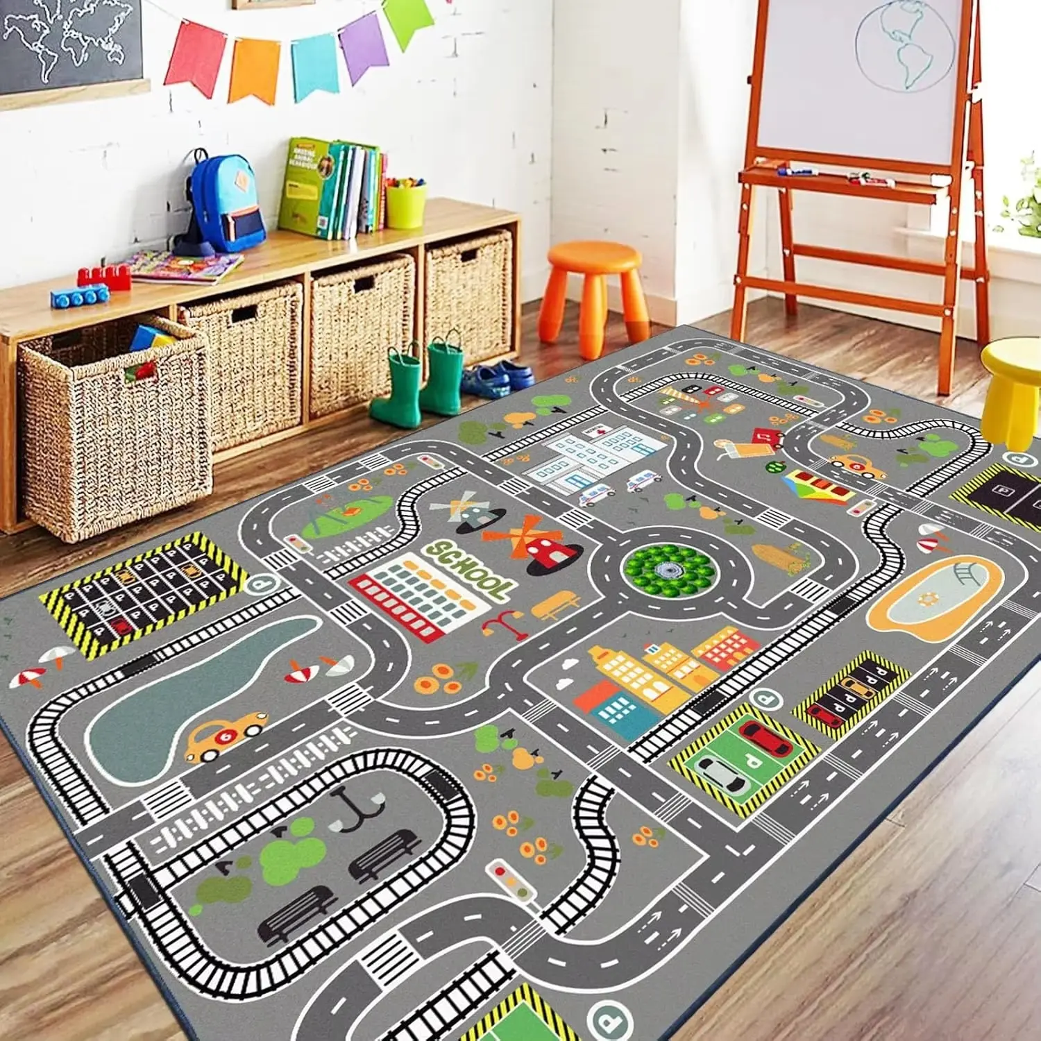 Cute Cartoon Kids Play Mat Play Area with Race Track, City Roads, Amusement Park Elements, Vibrant Graphics, Soft Learning Through Play Educational Decorative Carpet, Machine Washable Playmat, Play Mats for Floor