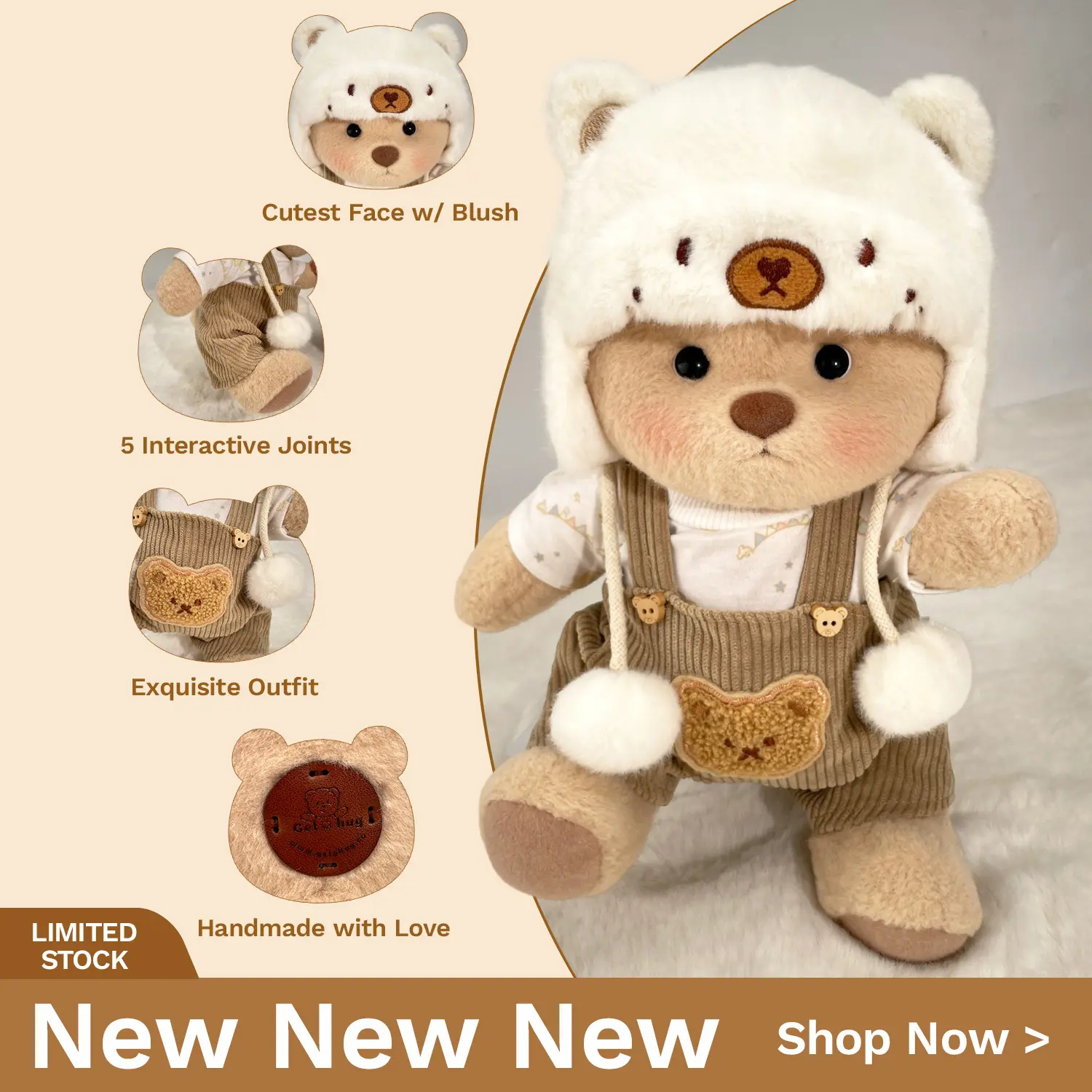 GETAHUG Handmade Jointed Teddy Bear Stuffed Toy - 12" Standing, White Mink Hat, Brown Overalls, 5 Interactive Joints, Exquisite Outfit, Durable Fluffy Fabric, Soft Huggable Anthropomorphic Cute Collectibles for Pretend Play, Unisex Kids Ages 6+ Gift Toy