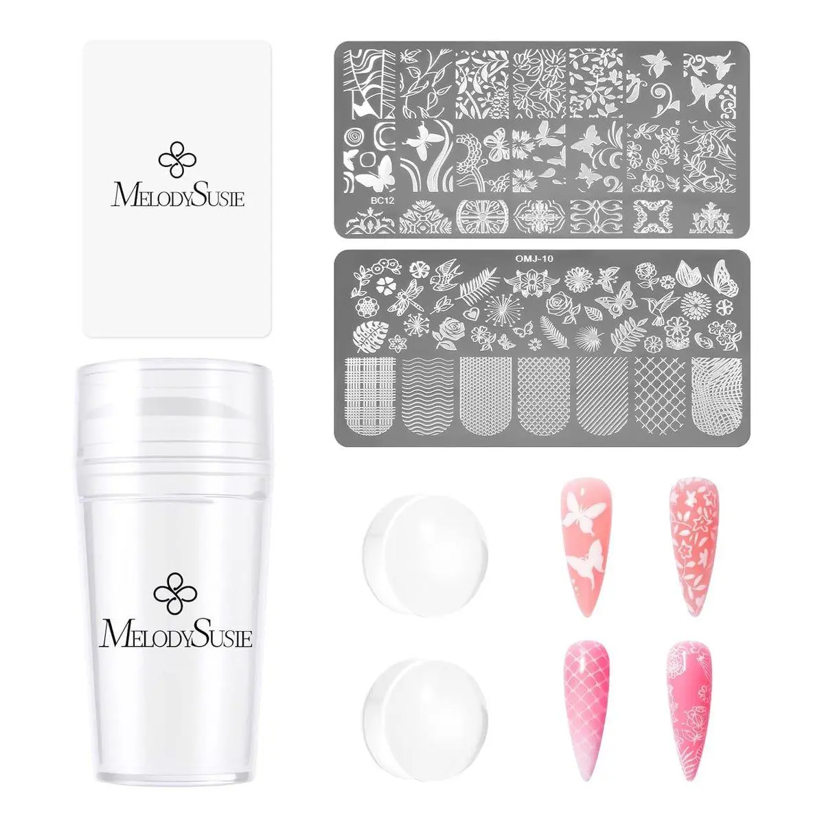 Nail Stamper Kit, Silicone French Tip Stamp Tool, 1PC Stamper, 1PC Scraper, 2PCS Stamping Plates, 2PCS Silicone Replaceable Heads for DIY Home French Manicure & Salon Art, Transparent