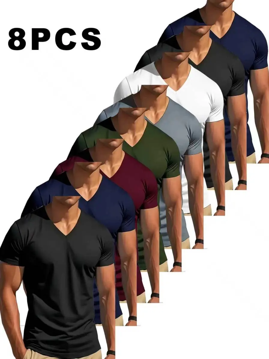 MTTYYD Men's 8-Pack Basic Thin Plain Polyester T-Shirts - V Neck, Short Sleeve, Lightweight, Breathable, Slim Fit, Machine Washable Garment for Running, Summer Casual Loungewear Bundle, Shortsleeve,clothes for back to school,first day of school outfits