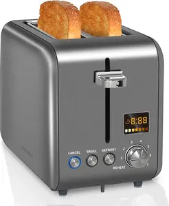 Toaster 2 Slice, Stainless Steel Bread Toaster LCD Display, 7 Shade Setting, 1.4'' Wide Slots, Bagel/Defrost/Reheat Functions, Removable Crumb Tray, 900W, Dark Metallic
