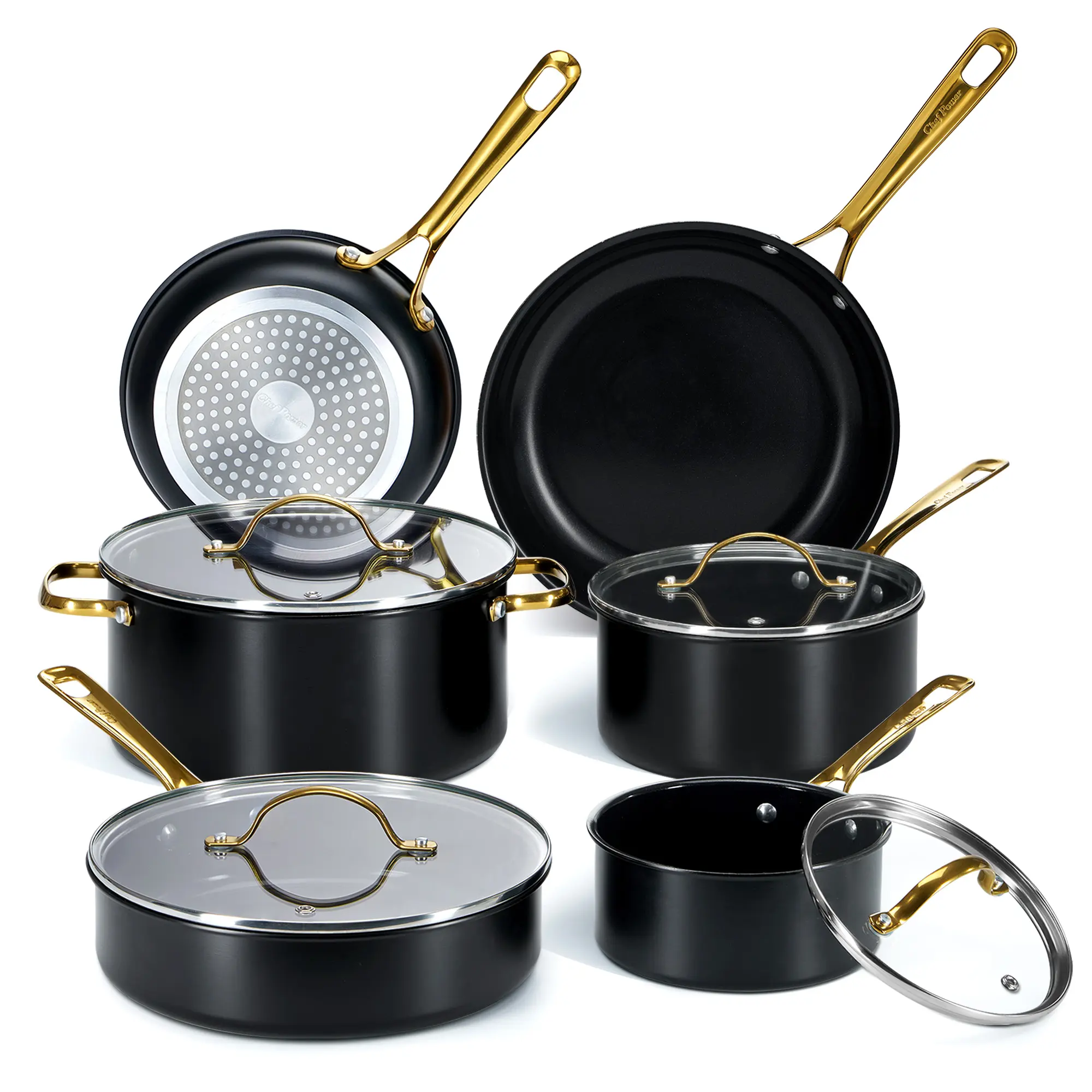Chef Power 10-Piece Ceramic Nonstick Cookware Set - Pots, Pans, Frying Pan, Saucepan with Lids, Stainless Steel Handles, Dishwasher & Oven Safe, Stone Black with Light Gold Handles, Induction Compatible, Induction Cookware Sets, Pots And Pans Set