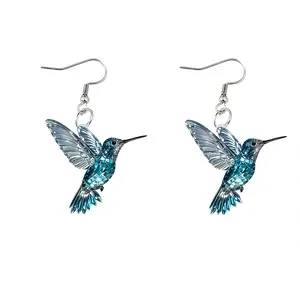 Best Selling Sparkling Blue Hummingbird Earrings, 2D Acrylic Vintage Artistic Dangles, Lightweight Spring Earrings for Women, Perfect Gift for Bird Lovers