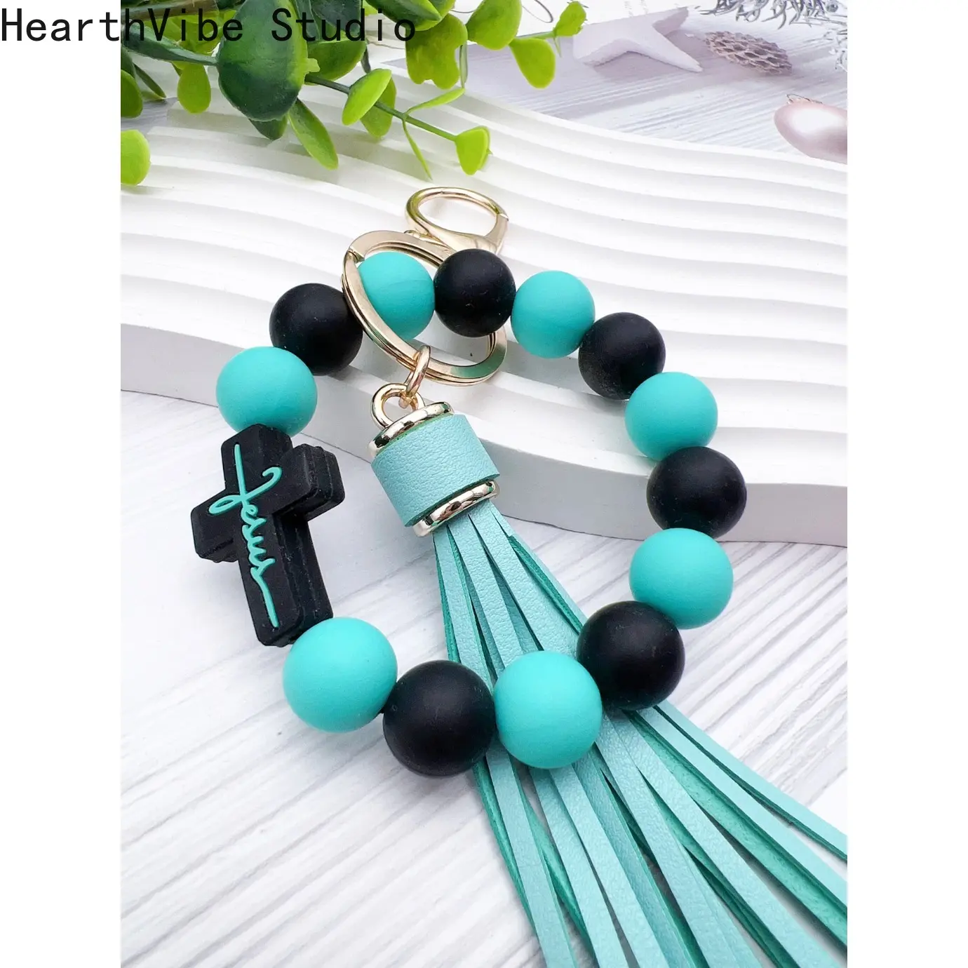 Silicone Cross Beaded Keychain Wristlet - Tassel Charm Strap, Multi-Color Sports Wristband, Bag Accessory, Bag Charms, Silicone Beads, Colorful Sport Vibe, Cross Charm, Sporty Wristlet