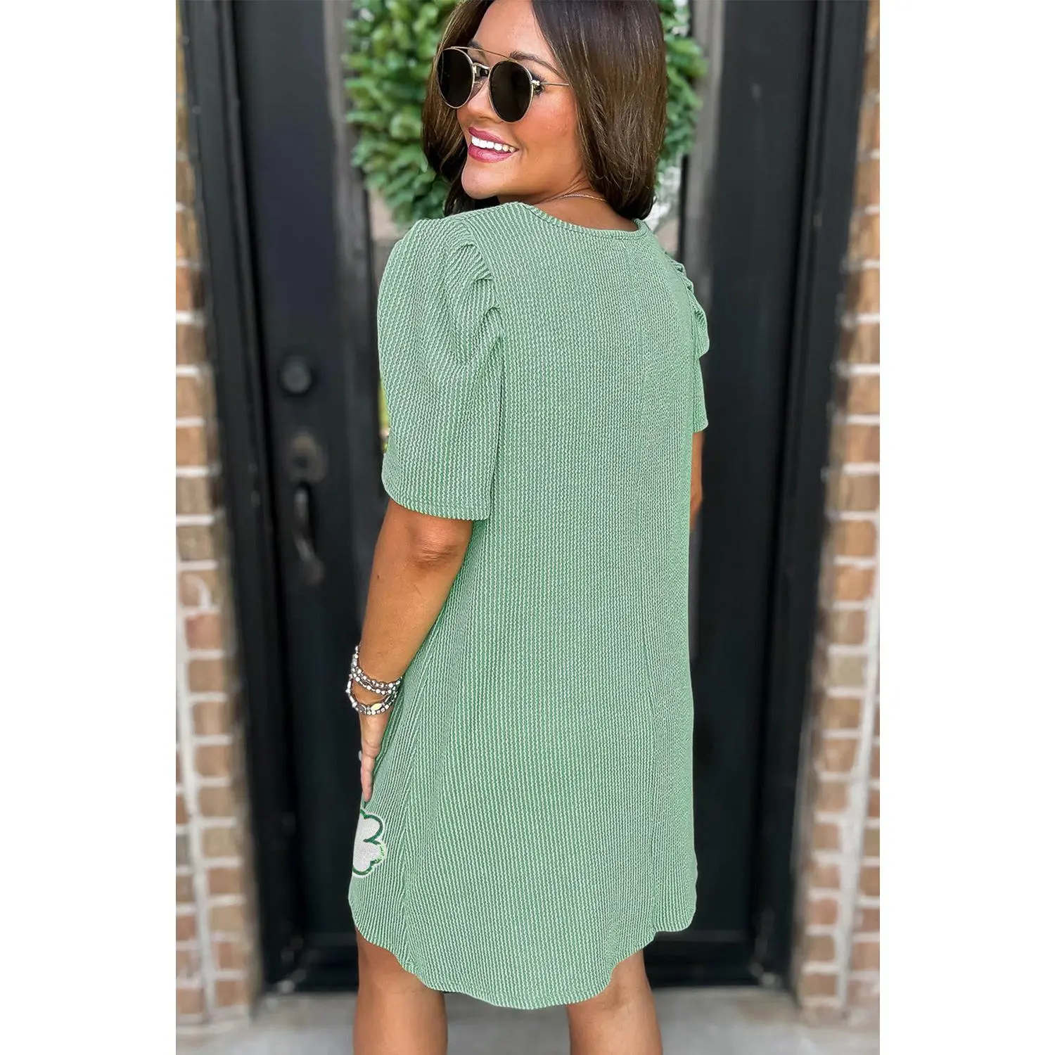Mint Green Sequin Clover Graphic Puff Sleeve Corded T Shirt Dress - TikTok  Shop