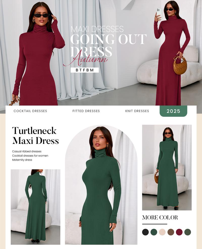 BTFBM Womens Dresses Fall 2025 Long Sleeve Turtle Neck Trendy Long Tight Knit Maxi Dress Wedding Guest Party Casual