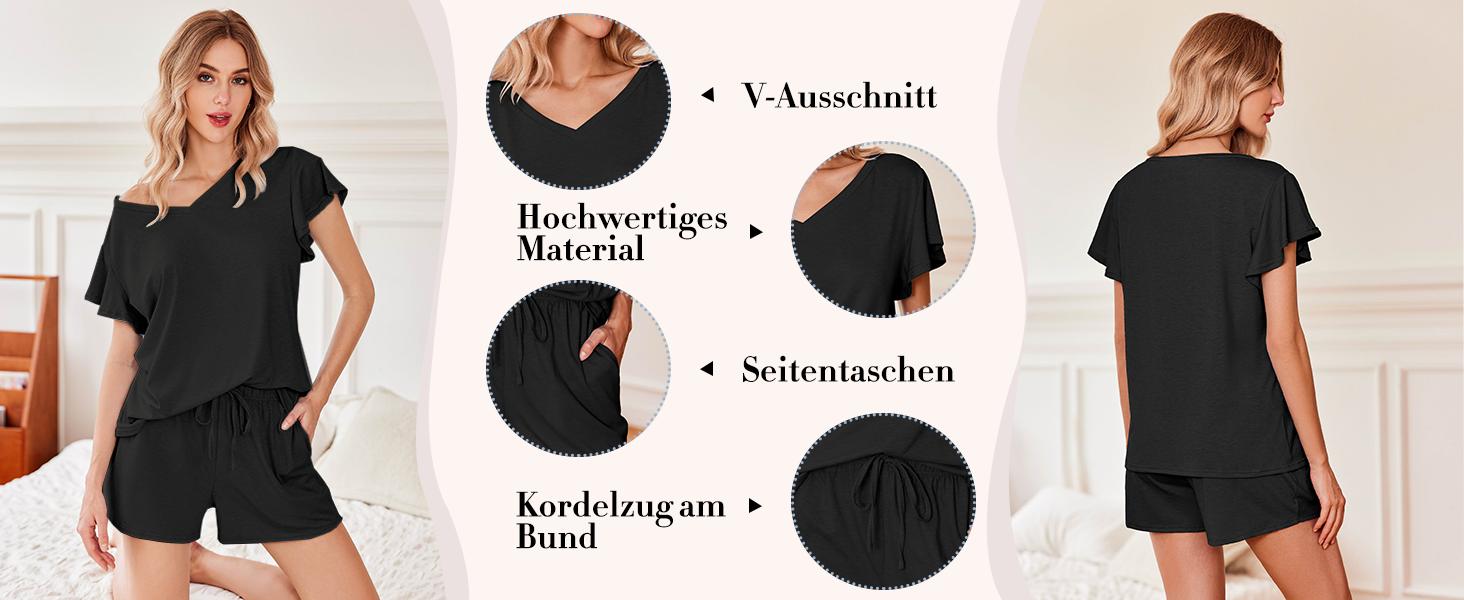 EKOUAER Women's Breathable Comfort Cute Set Ruffle Sleeves  V Neck Comfy 2 Pack Set with Pockets S-XXL