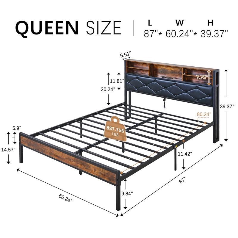 VECELO Queen Bed Frame Metal Platform Bed Queen Size with 2 Tiers Storage and LED Light Headboard, Type C Charging Station, No Box Spring Required VECELO Queen Bed Frame Metal Platform Bed Queen Size with 2 Tiers Storage and LED Light Headboard, Type C Charging Station, No Box Spring Required