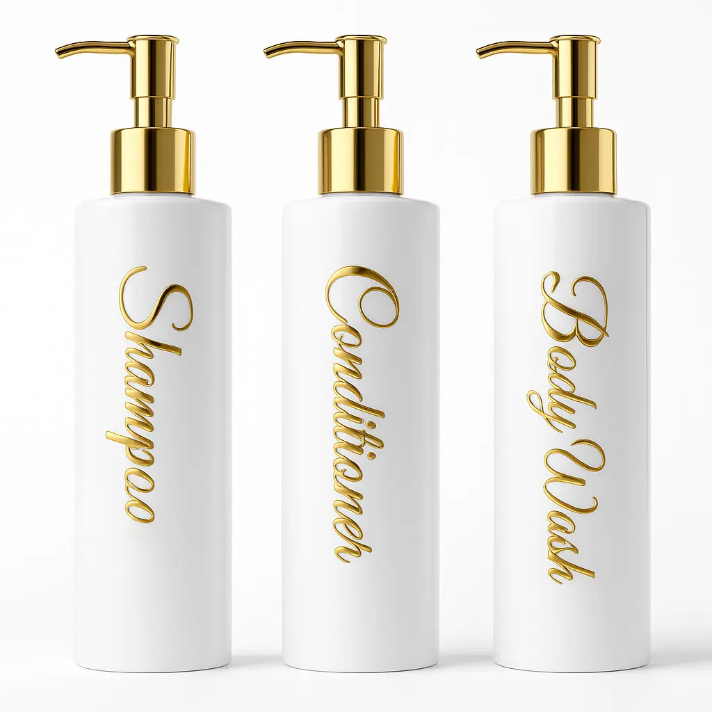 Shampoo and Conditioner Dispenser - Essentials Toiletry Bottles - Shower Refillable Shampoo and Body Wash Soap Pump Bottle – 3X 16oz Containers - white or black bottles – round (cylinder / tube), square shapes – gold or black or bamboo caps and labels