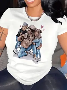 Comfortable Mom and Me Portrait Print Casual T Shirt with Round Neck Short Sleeves and Breathable Polyester Blend for Women Spring Summer Fashion