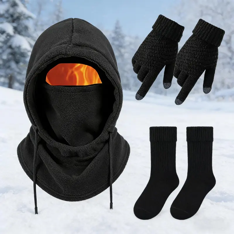 Unisex Adults' 4-Pc Plain Winter Warm Outdoor Wear Set - Windproof Full Face Ski Mask Balaclava, Hooded Jacket, Gloves, Thermal Socks, Biking/Ski Extreme Cold Gear, Hand Washable Ideal Gift
