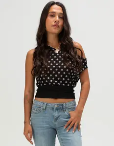 FULL TILT Women's Polka Dot Off-The-Shoulder Sleeveless Lightweight Soft Mesh Blouse, Stylish Casual Women's Top