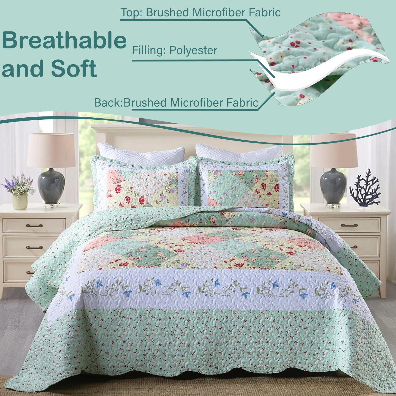 3 Piece Floral Patchwork Quilt Bedspread Set Lightweight Polyester Embroidered Quilted Bedspreads for Queen King Size Beds Flat Weave All Season