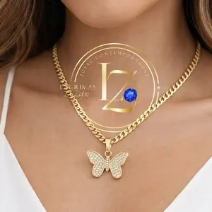 COD#2041  Cuban Chain with Butterfly Pendant - Zircon, Gold Finish, Elegant Design