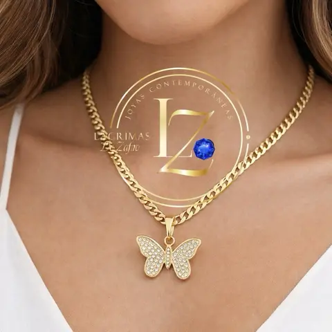 COD#2041  Cuban Chain with Butterfly Pendant - Zircon, Gold Finish, Elegant Design