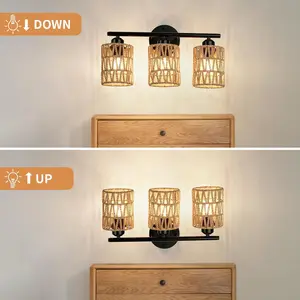Three-head Woven Bathroom Mirror Vanity Light With A Wooden Frame And Rattan Woven Shade Vintage Rustic Aesthetic Suitable For Bathrooms Foyers And Corridors Available In A Version Without Bulbs That Can Be Paired With Any Type Of Bulb Decorative Lighting