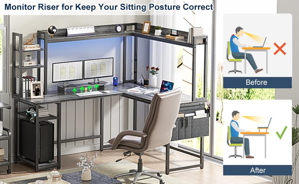 Reversible L-Shaped Computer Desk with Power Outlets & LED Lights, Corner Home Office Gaming Desk with Monitor Stand & Full Hitch Storage Shelves