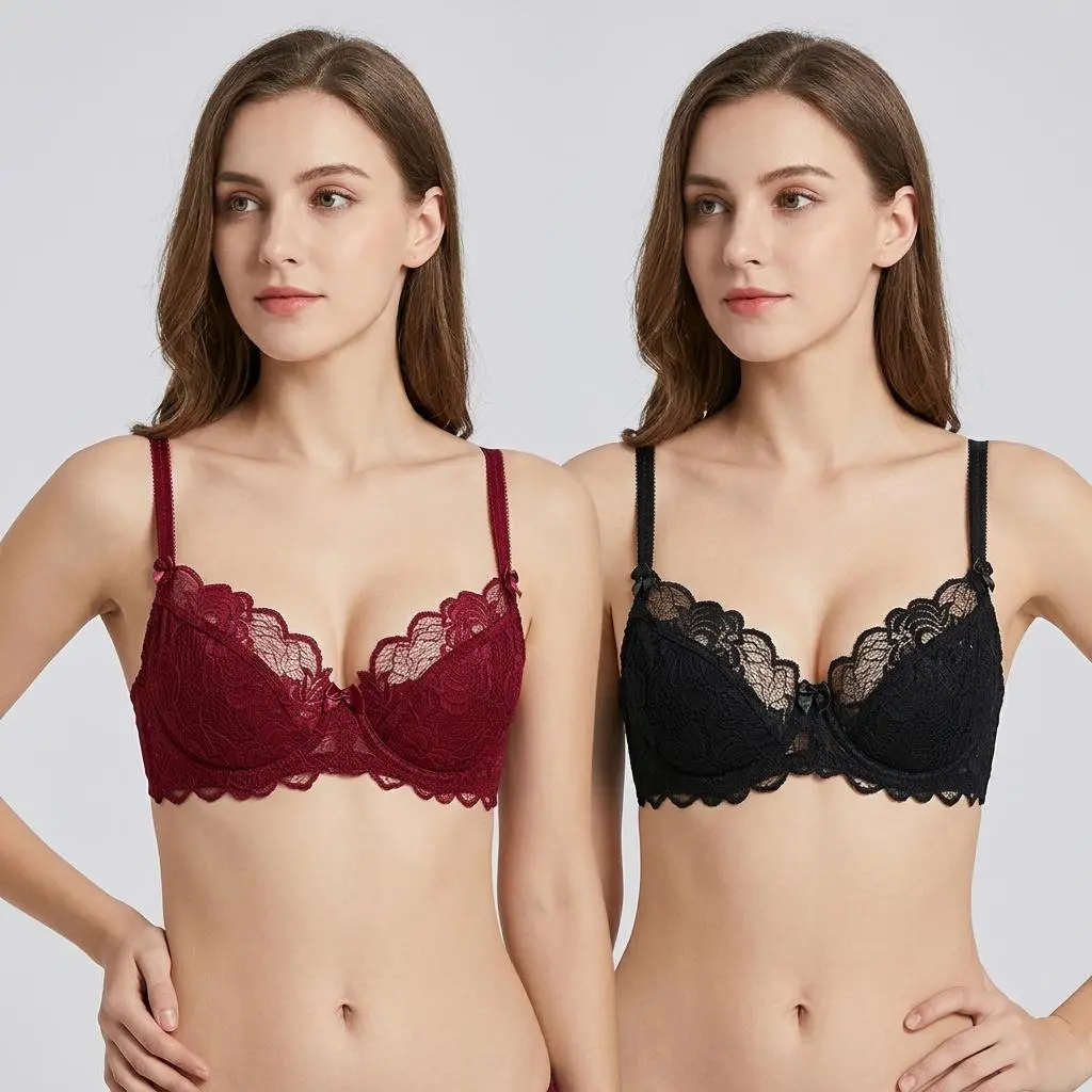 Women's Plus Size Lace Push Up Bra - Sheer, Balconette Bra Style, Underwire, Unlined, See-Through, Adjustable Straps (A3), Lace Bra