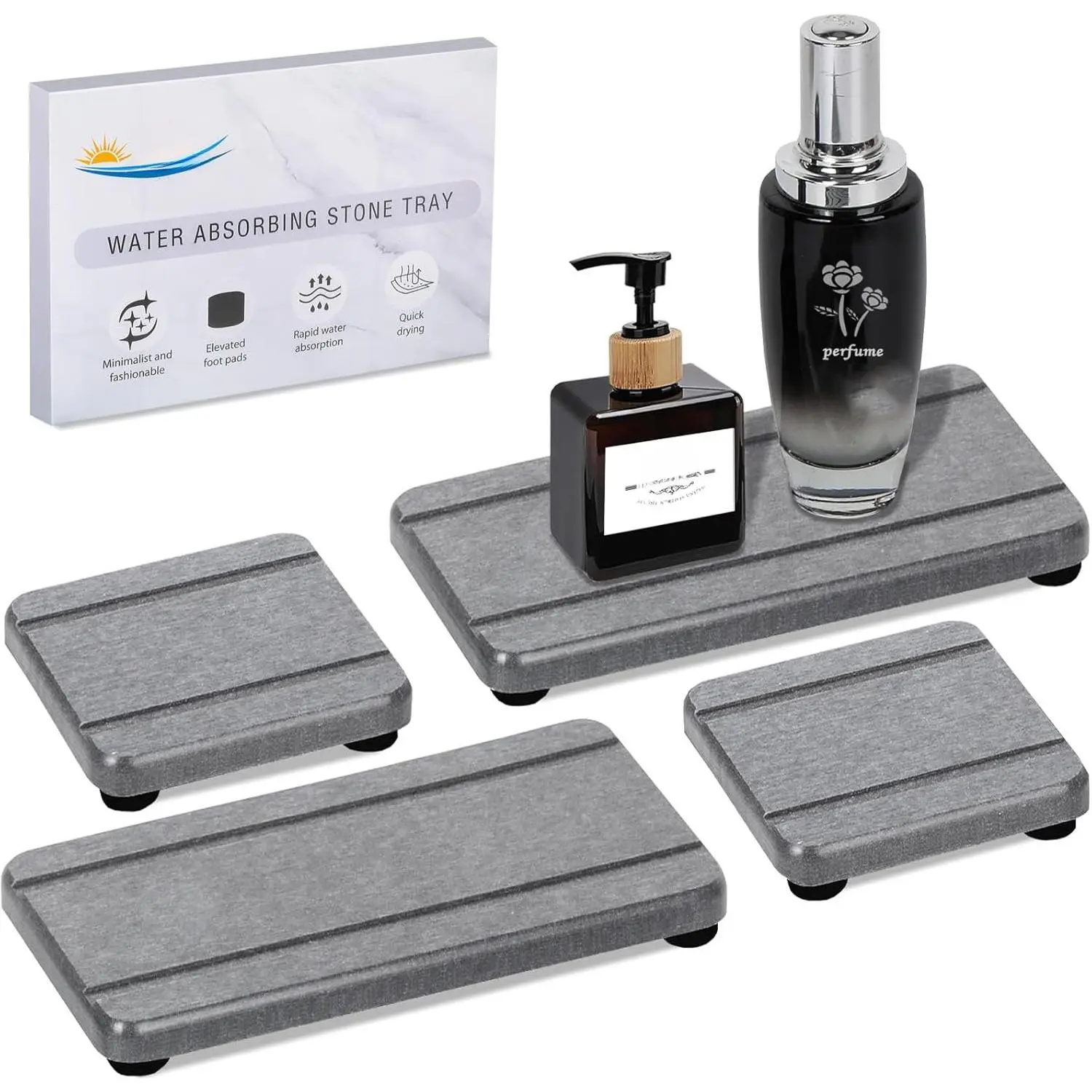 4 count Stone Drying Trays for Bathroom Sink and Kitchen Counter - Water Absorbing Stone Tray with Diatomaceous Earth, Soap Dish and Coaster
