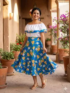Womens Blue Floral Traditional Mexican Dress 