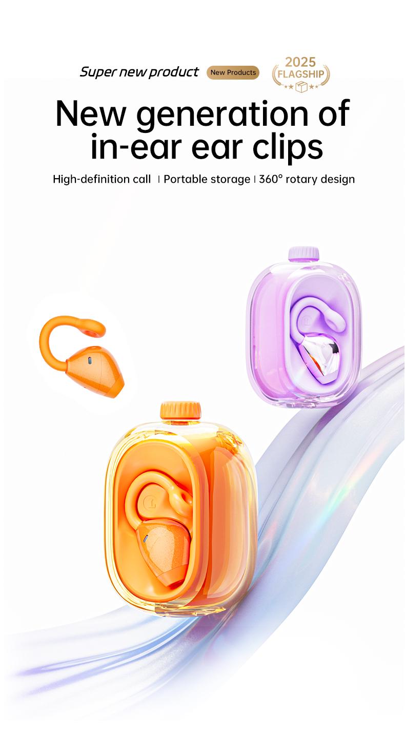 In-ear Ear Clips Wireless Earbuds, 360° Rotation decompression tool, Bluetooth 6.0 High-definition call Earphones, 30h Super Long Battery Life Headphones,suitable for work,sport, with silicone soft lanyard