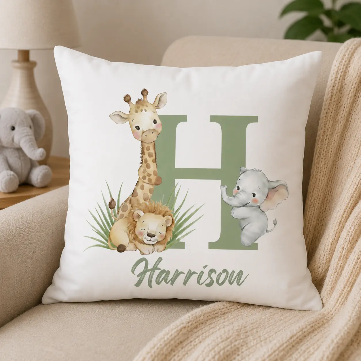 Personalized Name Monogram Safari Nursery Pillow Custom Jungle Theme Animal Giraffe Elephant Lion Initial Cushion Baby Boy Girl Room Decor