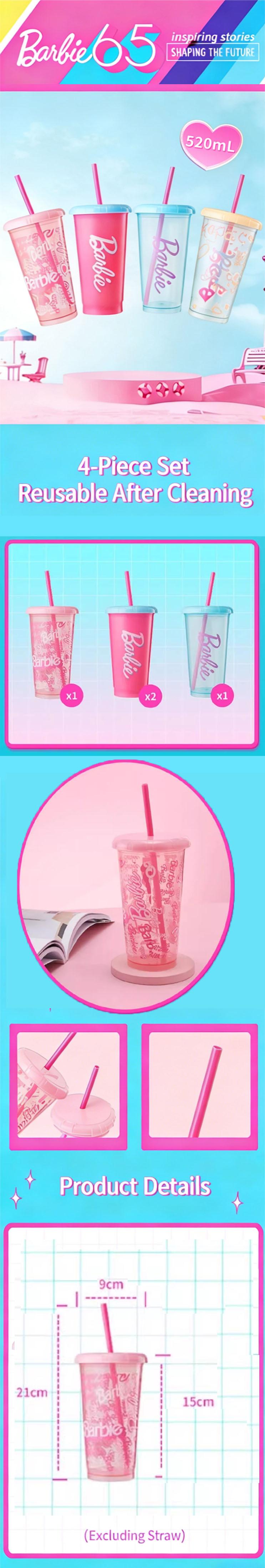 Barbie Sunshine Sparkle Straw Cup Set 4pcs 520mL – Fun Spring & Summer Drinkware for Kids & Adults，Perfect for Spring Parties & Outdoor Fun