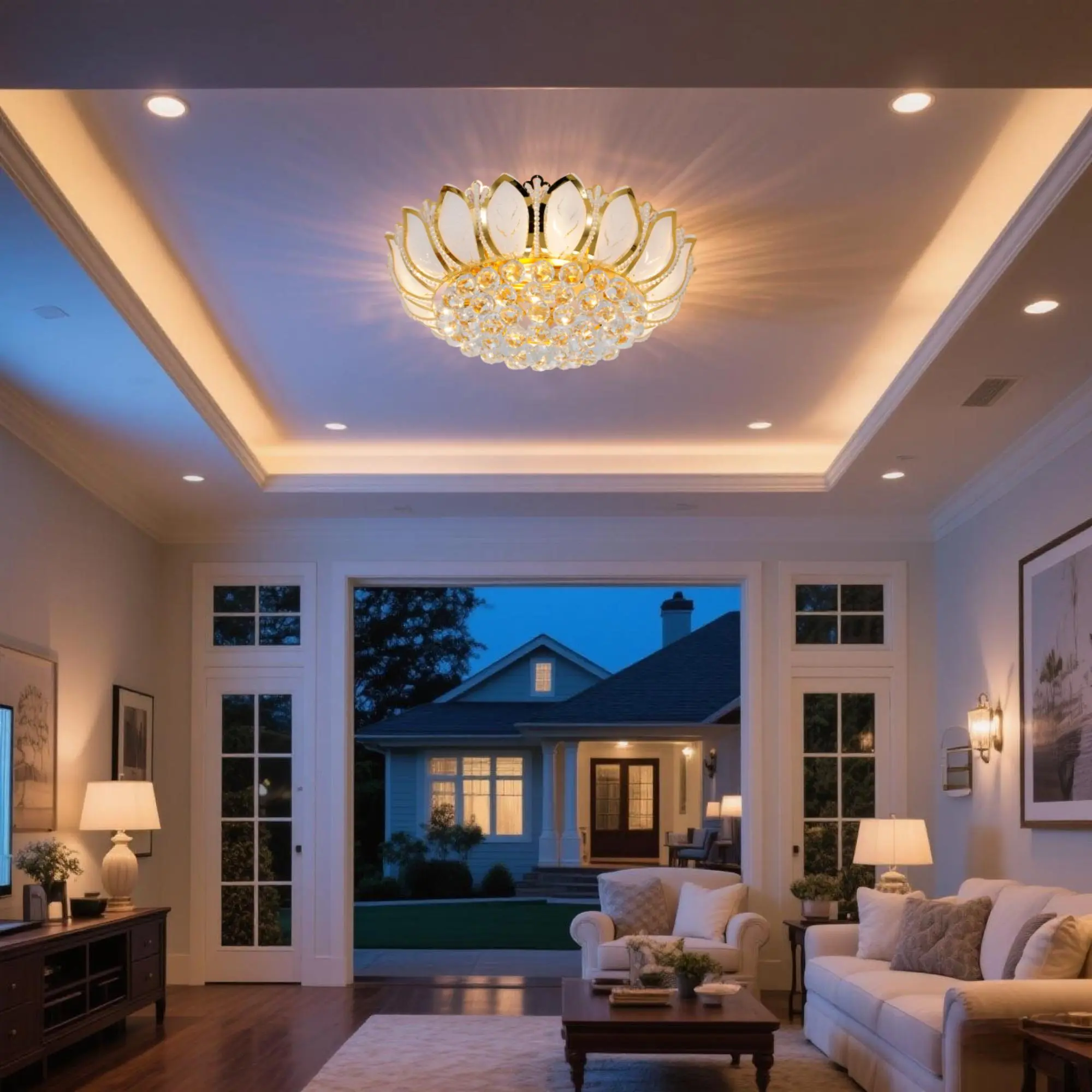 Elegant Golden Lotus K9 Crystal Flush Mount Ceiling Light - 8-Light E14 Remote Dimmable Semi-Flush Chandelier, AC Power Supply, for Living Room, Bedroom, Elegant Ceiling Lights