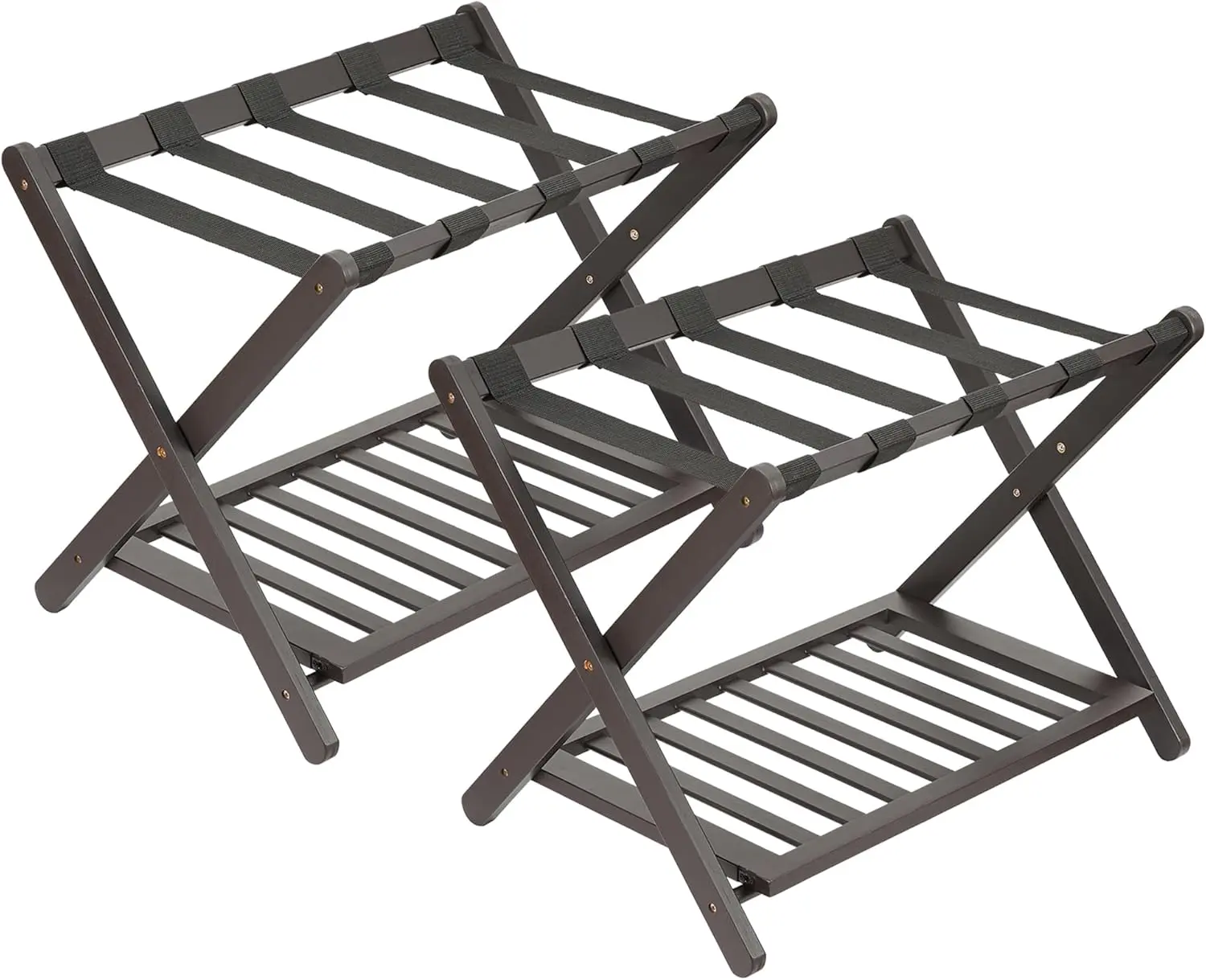 Luggage Rack, Folding Suitcase Stand with Storage Shelf and Nylon Straps, Premium Bamboo Luggage Rack, Holds Up to 150 Lb, Fits Most Luggage Sizes, for Bedrooms, Living Rooms, and Hotels